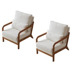 two chairs with white cushions and wooden arms