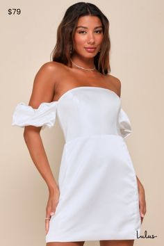 From the bridal shower to the bachelorette party, the Lulus Significant Sensation White Satin Off-the-Shoulder Mini Dress is perfect for celebrating your love with glamourous effort! Sleek woven satin shapes a princess-shaped bodice, an off-the-shoulder neckline (with hidden no-slip strips), and short puff sleeves with elastic at the shoulders and cuffs. The fitted waist tops a figure-skimming mini skirt. Hidden back zipper/clasp. Fit: This garment fits true to size. Length: Mid-thigh. Size medi Bachelorette Party Dress, The Bachelorette, Lulu Fashion, Adhesive Bra, Puff Sleeve Dress, Puffed Sleeves Dress, White Wedding Dresses, Strapless Bra, Bridal Outfits