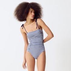 J.Crew: Ruched Tie-shoulder One-piece Swimsuit In Gingham For Women Jcrew Swim, Gingham Swimsuit, Ruched Swimsuit, Swimsuit Women, Sharp Dressed Man, Red Gingham, Long Torso, New Pant, Blue Gingham