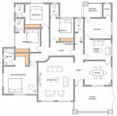 the floor plan for an apartment with three bedroom and two bathroom areas, including one living room