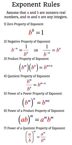 the exponent rules are shown in red and black, as well as numbers and letters