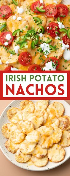 potato nachos topped with cheese, sour cream, green onion, jalapeno, and tomatoes