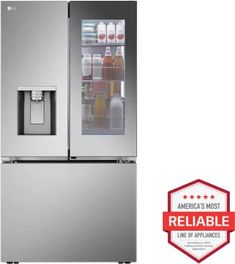 a refrigerator with its door open next to a red seal that says, america's most reliable line of appliances