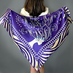 "Lady Of Passion Purple Square Silk Scarf - Wearable ART   DEAILS & CARE : Wearable ART 100% Silk Designed with love in London Made in Italy Hand Hemming Finishes Dry clean DIMENSIONS : 90 cm x  90 cm \"Lady Of Passion\" Silk Scarf design is part of Migration Collection limited edition print. SAYNA LONDON 100% silk scarves are designed with love in London, each design tells a beautiful, powerful and inspirational story. Our silk accessory products are  made in Como-Italy with finest silk by prof Blue Shawl Scarf For Gift, Elegant Rectangular Silk Scarf As Gift, Elegant Rectangular Silk Scarf For Gifts, Elegant Rectangular Silk Scarf For Gift, Elegant Rectangular Silk Scarf Gift, Bohemian Style Silk Scarf For Gift, Blue Square Scarves For Gifts, Blue Square Scarves As Gift, Blue Satin Silk Scarf As Gift