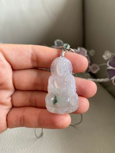 "🌈 Guan Yin Jadeite Pendant for necklace, Icy Light Green & Green 🌷 Untreated Natural Jadeite/ Grade A Jade/ Certified 🌷 Jade from Myanmar/ Burma 🌷 100% handmade carving 🌷 Dimensions : 41.5 x 24.2 x 6 mm 🌷 Color : Light Green & Green 🌷 Free standard shipping from Hong Kong with tracking provided 🌷 Take approximately 7-21 days to arrive worldwide ❤️ In Chinese Culture: Young people wear jade pendant will have a prosperous life, attracts good luck and friendship Old people wear jad Spiritual Jade Pendant Jewelry, White Jade Jewelry For Meditation, White Jade Amulet Jewelry, White Amulet Jewelry For Meditation, Spiritual Jade Crystal Necklaces With Round Shape, Handmade White Jade Necklaces, White Round Pendant Necklace For Good Luck, White Jade Necklace With Natural Stones, Spiritual Chalcedony Jewelry For Meditation