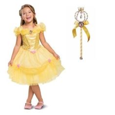 Girls Costume & Wand Condition- New With Tags Made By- Disney Size- Medium 8/10 Dress Your Princess In The Belle Classic Girls Costume That Is A Tale As Old As Time. This Costume Captures The Beauty Of Belle With A Satin Dress With Dreamy Glitter Skirt And Tulle Sleeves. A Belle Cameo Adds A Sweet Detail To The Neckline. 2 Pc Set Includes: Dress & Wand Yellow Dress With Cameo No Shoes Included Belle Costume Kids, Belle Yellow Dress, Princess Belle Dress, Glitter Skirt, Up Disney, Belle Costume, Glitters Skirt, Disney Halloween Costumes, No Shoes