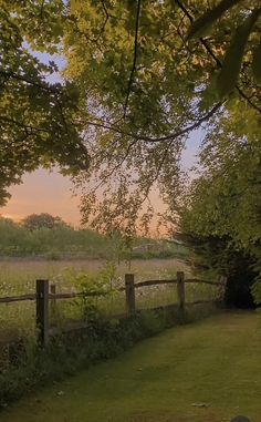 a grassy field next to a fence with trees in the foreground and grass on the other side