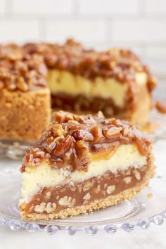 a piece of pecan pie on a glass plate