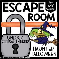 an escape room sign with a cartoon witch holding a key to the lock on it