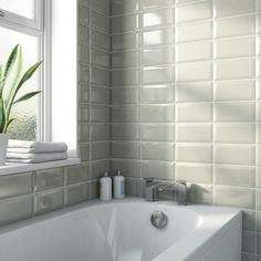 a white bath tub sitting under a window next to a plant in a vase on top of a counter