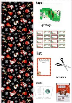 christmas wrapping paper with scissors, tags and other items to make it look like they're