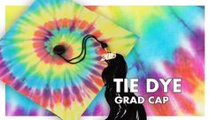 tie dye graduation cap with tassel on it and the words grad cap written in white