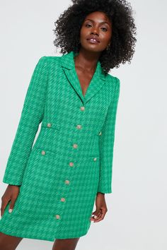 Emerald Tweed Stacie Dress | Pomander Place Green Blazer Dress For Work In Fall, Elegant Green Blazer Dress For Fall, Chic Green Blazer Dress For Office, Elegant Green Blazer Dress For Work, Elegant Fitted Green Tweed Dress, Green Winter Dress With Button Closure, Chic Green Fitted Tweed Dress, Elegant Green Long Sleeve Blazer Dress, Green Tweed Dress For Workwear In Fall