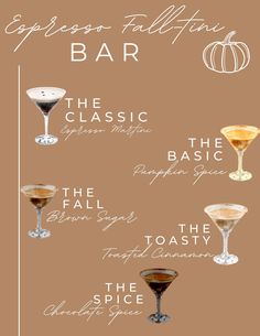 the different types of cocktails are shown in this graphic style, including orange and brown