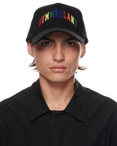 WHITE CORDUROY TRUCKER HAT WITH SUMMERLAND MOTIF 57% COTTON 43% NYLON RAINBOW SUMMERLAND MOTIF EMBROIDERED ON FRONT ADJUSTABLE SNAP CLOSURE ONE SIZE FITS MOST Streetwear Hats, Corduroy Hat, Snap Closure, Trucker Hat, Street Wear, Rainbow, Hats, White, Black