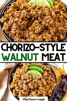 Overhead view of a round dark blue bowl filled with ground walnut chorizo with text reading chorizo style walnut meat Walnut Chorizo, Raw Vegan Recipes Easy, Walnut Meat, Chorizo Recipe, Vegan Meat Recipe, Vegan Chorizo, Chorizo Recipes, Vegan Party Food, Vegan Mexican Recipes