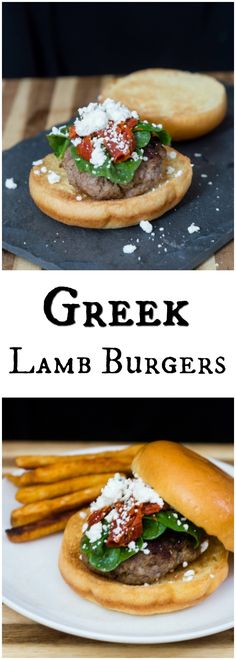 greek lamb burgers with feta cheese and tomato sauce on top, served in pita bread