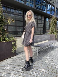 Summer Dress With Doc Martens, Doc Marten And Dress, Sun Dress With Doc Martens, Dress And Doc Martens, Doc Martens Dress Outfits, Combat Boots Outfit Summer, Summer Doc Martens Outfit, Casual Dinner Outfit Spring, Slip Dress Outfit Winter