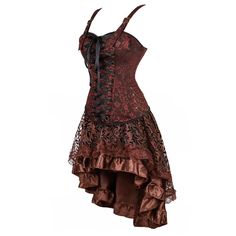 IMPOSE YOUR IDENTITY WITH THIS STEAMPUNK DRESS. WE ADVISE YOU TO WEAR IT WITH A STEAMPUNK MINI HAT AND A POCKET WATCH. Features and size chart: 2 pieces dress: 1x corset + 1x skirt Material: jacquard, polyester Size friendly Don't forget to check the Size Guide. The garment is relatively small, so our team recommends 1 size up. Introducing our extraordinary Time Traveler Steampunk dress, a mesmerizing blend of Victorian elegance and retro-futuristic charm. This enchanting ensemble features a ric Steampunk Sleeveless Corset Dress For Halloween, Fitted Gothic Brown Dress, Fitted Brown Gothic Dress, Brown Fitted Gothic Dress, Steampunk Sleeveless Corset Dress For Alternative Fashion, Steampunk Fitted Sleeveless Dress, Fitted Sleeveless Steampunk Dress, Steampunk Style Fitted Festival Dress, Steampunk Fitted Festival Dress