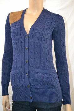 Ralph Lauren NAVY BLUE CABLE KNIT SUEDE CARDIGAN SWEATER NWT --RALPH LAUREN-   -MISSES SIZE -"NEWPORT" NAVY with SUEDE PATCH ON RIGHT SHOULDER- -TWO DARLING FRONT POCKETS- -SIX DARK TRANSLUCENT BUTTONS- -CABLEKNIT THROUGHOUT- -RIBBED CUFFS AND WAISTBAND-   XS S M L XL Underarm to Underarm 16.5”(41.9cm) 17.5”(44.5cm) 19”(48.3cm) 20.5”(52.1cm) 22”(55.9cm) Length 25”(63.5cm) 25”(63.5cm) 25.5”(64.8cm) 26”(66cm) 26.5”(67.3cm) THE SIZE SHOWN ISN'T NECESSARILY THE SIZE OFFERED IN THIS AUCTION! Other si Navy Polo Sweater For Winter Workwear, Navy Long Sleeve Sweater For Work, Navy Cotton Cable Knit Sweater, Navy Cotton Winter Cardigan, Navy Cotton Cardigan For Winter, Navy Cotton Cardigan For Fall, Navy Fitted Sweater For Fall, Fitted Navy Casual Cardigan, Navy Cotton Cardigan For Work