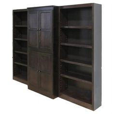 two bookcases with doors open on each side