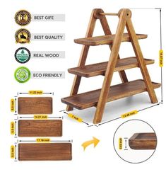 the wooden step stool is shown with measurements for each item in front of it and below it