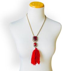 Red Latkans Necklace For Party, Elegant Red Necklace With Latkans, Adjustable Red Jewelry With Latkans, Red Tasseled Jewelry As A Gift, Red Tassel Necklaces As Gifts, Red Tassel Necklaces For Gifts, Red Tasseled Jewelry For Gift, Red Tassel Necklace For Gift, Adjustable Red Jewelry With Tassels