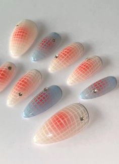 @/lilacdieselnails on etsy Nail Laquer Ideas, Quirky Nail Designs, Simple Unique Nails, Abstract Nail Art Designs, Mood Nails, Nails Airbrush, Aura Blue, Red Aura, Almond Press On Nails