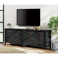 a large flat screen tv mounted on top of a black dresser next to a potted plant