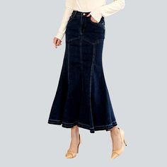 Make a statement this season with our Contrast Stitching Peplum Jeans Skirt. Y2K style from our 2023 Autumn Collection. An exquisite combination of vintage chic and modern fashion. this high-waist. long skirt features a zipper and button closure. dark wash denim and contrast stitching in a bold. retro-inspired peplum silhouette.Distinctive Features: Y2K Style: Make a statement with this vintage-inspired. Y2K-style skirt that will take you back to the 2000s in style. Dark Wash Denim: Crafted from Chic High Rise Non-stretch Skirt, Chic Denim Blue Skirt For Fall, Chic Non-stretch Denim Blue Skirt, Fitted Full-length Denim Skirt For Fall, Chic Full-length Denim Skirt For Fall, Chic Full Length Denim Skirt For Fall, Fall Full Length Fitted Denim Skirt, Chic Full-length Denim Skirt For Spring, Spring Chic Full-length Denim Skirt