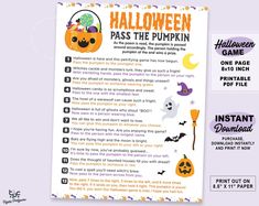 a printable halloween pass the pumpkin game with instructions for kids to play it on