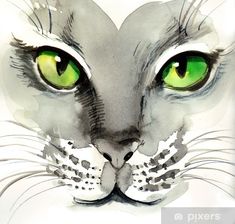 a watercolor painting of a cat's face with green eyes