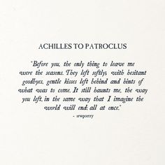 a poem written in cursive writing on white paper with an image of the words achilles to patroclus