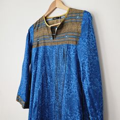 Nwt Beautiful Blue Pakistani Designer Kameez Long Sleeve M/L Festive Long Sleeve Indigo Kurta, Long Sleeve Indigo Kurta For Festive Occasions, Bohemian Blouse With Printed Motifs For Eid, Blue Anarkali Kurta For Eid, Eid Anarkali Kurta In Blue, Eid Anarkali Blue Kurta, Blue Bohemian Unstitched Dress, Bollywood Style Blue V-neck Dress, Bollywood Blue V-neck Dress