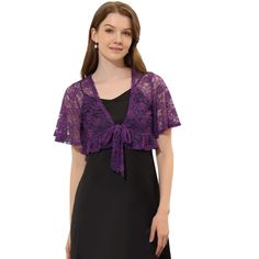 An elegant shrug with a flowy trim offers a charming look for day or night. It is designed with a cropped fit and a tie front design for a comfortable fit. This lace floral cardigan features a ruffle hem and cropped fit, perfectly covered up with sleeveless dresses for a wedding/evening look. Suitable for casual, work, date, wedding, evening parties, cocktails, night out, and daily wear. Modern and elegant, this cardigan style with softly lace fabric. A must-have item in your clothing wardrobe, Purple Lace Top For Spring, Fitted Lace Trim Shrug For Party, Party Shrug With Lace Trim, Elegant Shrug, Fitted Lace Shrug With Lace Trim, Cocktails Night, Purple Lace Cardigan, Shrug Top, Cardigan Shrug