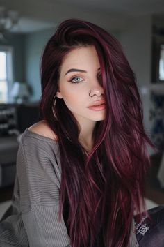 Update your look with our top picks of 24 trendy dark cherry hairstyles. This modern color is perfect for anyone seeking a noticeable yet sophisticated change. Don't wait, click through to see more styles and find your new favorite rich hue today! Her Hairstyles, Subtle Fun Hair Color, Grown Up Pigtails, Burgundy Violet Hair, Medium Contrast Hair Color, Red Wine Hair Color With Highlights, Red And Black Hair Color Ideas, Dark Red And Pink Hair, Burgundy Hair Pale Skin