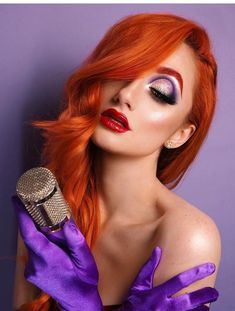 Jessica Rabbit Makeup, Ariana Grande Makeup Tutorial, Rabbit Makeup, Jessica Rabbit Costume, Dress And Gloves, Purple Gloves, Drag Make-up, Halloween Makeup Ideas, Clever Halloween Costumes