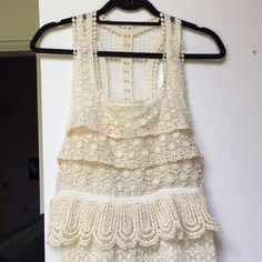 Beautiful Meghan La Maxi Crochet Gown. Fully Lined With Delicate Lace Crochet Details, Layered Busted, And Peplum Waist Detail. The Back Is To Die For. Floor Length And Stunning. Size Us 4 But Could Fit A 4/6. New With Tags. Never Been Worn. Bohemian Crochet Lace Sleeveless Dress, Sleeveless Crochet Trim Top For Party, Elegant Cream Crochet Sleeveless Top, Sleeveless Crochet Top With Crochet Trim For Party, Party Sleeveless Crochet Top With Lace Trim, Sleeveless Crochet Top For Party, Fitted Sleeveless Crochet Dress With Lace Trim, Fitted Crochet Dress With Scalloped Lace For Beach, Fitted Dress With Crochet Trim In Cotton Lace