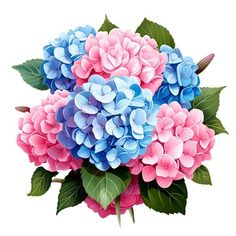 a bouquet of pink and blue flowers with green leaves