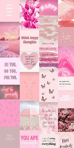 many different pink and white images with words on them