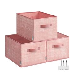 three pink storage bins with handles on each side and two smaller ones in the middle