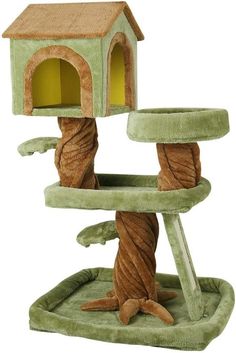 a cat tree that is green and brown