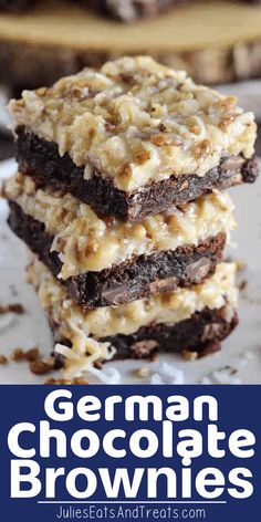 german chocolate brownies stacked on top of each other with the title in the middle