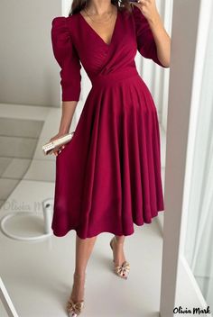 Olivia Mark - Versatile Pleated Waist A-Line Midi Dress - Solid Color with Three-quarter Sleeves Mid Length Coat, Elegant Maxi Dress, Eve Dresses, New Years Eve Dresses, Jive, Puff Sleeve Dresses, Womens Black Dress, Waist Dress, Types Of Skirts