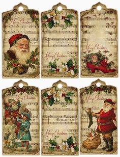 four christmas tags with santa claus and holly