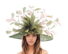 Olive Forest Green Dusky Blush Pink KY Large Kentucky Derby Hat Ascot Wedding Guest Party Formal Occasion Hat Race Woman Church Wide Brim Olive Green & Blush Dusty Pink Ky Derby Hat - Maya Wide brim olive forest green sinamay hat trimmed with a very large spray feathers and flower Brim measures 47 cm side to side with a crown height of 11cm Inside circumference is 58cm.   The Maya Ascot Hat is perfect for any special occasion, whether it's a glamorous horse race like the Kentucky Derby or a form Spring Wedding Brimmed Headpieces, Spring Church Costume Hats With High Crown, High Crown Spring Costume Hats For Church, Spring Church Costume Hats And Headpieces With High Crown, Spring Church Headpiece With Pinched Crown, Spring Wedding Wide Brim Headpiece, High Crown Hat For Spring Wedding, High Crown Hats For Spring Weddings, Spring Wedding Costume Hat With Pinched Crown