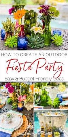 an outdoor fiesta party with flowers and drinks