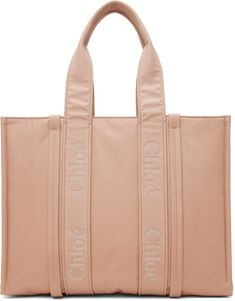 Taffeta tote in pink. · Logo embroidered throughout · Twin rolled shoulder straps · Patch pocket at interior · Fully lined · H13 x W16 x D5.5 Supplier color: Rose dust Chloe Shoulder Bag, Monogram Bracelet, Beige Bag, Medium Tote, Weekender Tote, Small Rings, Pink Logo, Long Wallet, Leather Tote Bag