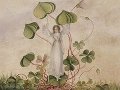 a painting of a woman holding four leaf clovers