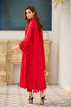 Rose Red Embroidered Pakistani Long Frock with Dupatta Party Dress come in a long frock with embellished work on the base and a net embellished dupatta and churidar paired with it. It can be customized to a lehenga kameez instead of the frock. Embroidered Frock: This Pakistani dress comes in Embroidered Pure Chiffon Bodice of Long Frock, Embroidered Pure Chiffon Front Panels, Pure Chiffon Back Panels, Embroidered Pure Chiffon Sleeves of this kameez, Pure Chiffon Bodice Back, Embroidered Organza Frock With Dupatta, Pakistani Frocks, Anarkali Frock, Dress Pakistani, Pakistani Suit, Raw Silk Fabric, Long Frock, Chiffon Collection, Pure Chiffon